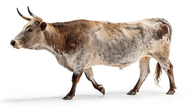 Realistic Nguni Cattle on white studio background, medium-sized muscular bovine with multicolored coat patterns, short horns, and strong legs, detailed livestock portrait
