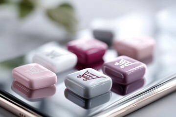 Colorful shopping buttons rest on a smartphone screen, symbolizing the ease of online shopping. The scene highlights the connection between technology and consumer behavior