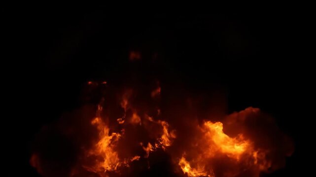 A powerful and intense explosion illuminating the darkness with vibrant orange flames against a black background, showcasing the raw energy of fire