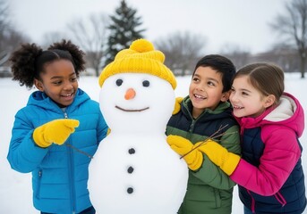Happy diverse children building a snowman in a winter park. Multiethnic friends playing together in the snow. Childhood friendship and fun concept