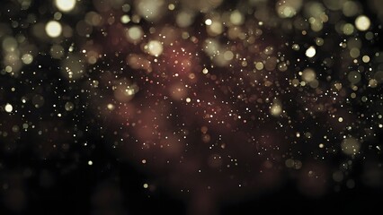 Dark abstract background with glowing golden bokeh lights and sparkling particles
