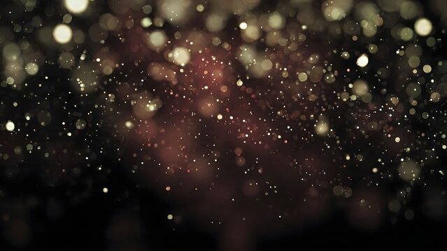 Dark abstract background with glowing golden bokeh lights and sparkling particles