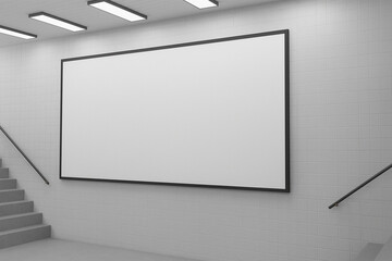 Large blank white billboard on a plain wall in a modern indoor space with stairs and fluorescent lighting.