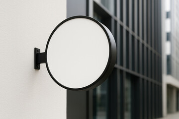 Blank round white sign with black frame mounted on a light building wall, with a modern dark building in the background.