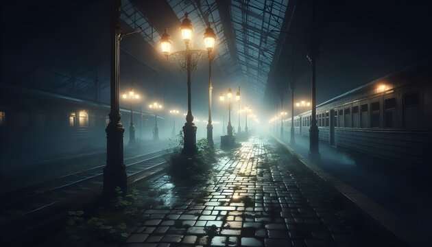 Abandoned train station at night with vintage lamps and fog. Generative AI