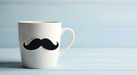 White Coffee Mug With Black Mustache Sticker On Light Blue Wood coffee cup