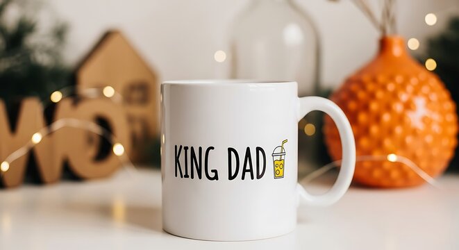 White Mug with " King Dad" Text and a Drink Icon on a Decorated Shelf lettering