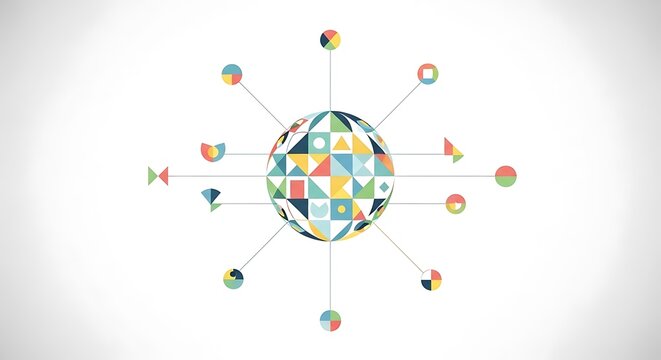 Abstract global network with colorful geometric patterns and connections.