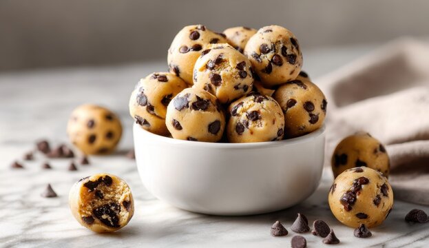 Close-up of a bowl filled with chocolate chip cookie dough balls on a rustic - Powered by Adobe