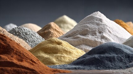 A diverse collection of colorful powders and granular materials piled high, showcasing various textures and shades in a closeup, studiolit arrangement