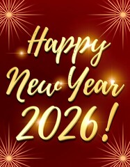 The design features vibrant golden text wishing a happy new year 2026. It is set against a rich red background adorned with sparkling stars, creating a festive atmosphere Generative AI