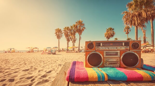 Warm sun shines on a lively beach scene with a vintage boom box resting on a bright towel.