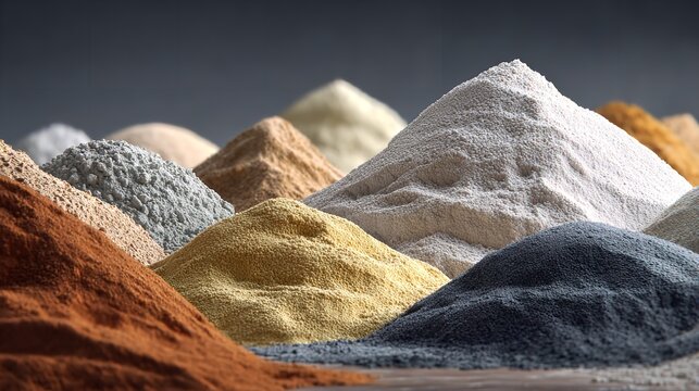 A diverse collection of colorful powders and granular materials piled high, showcasing various textures and shades in a closeup, studiolit arrangement