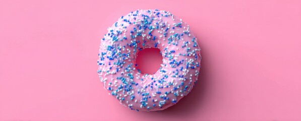 Close-up of a colorful sprinkled donut on a pink for dessert theme