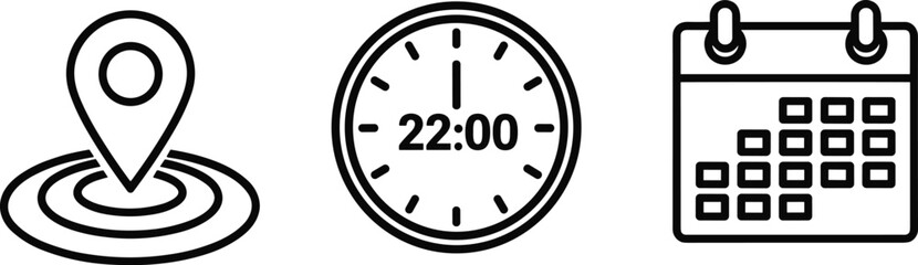 Location, Time, and Date Icons – Minimalist Black Line Symbols for Scheduling, Planning, Navigation, and Calendar-Based Interface Design