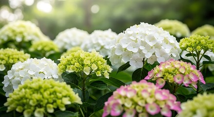 Closeup of colorful hydrangea flowers blooming in a lush green garden