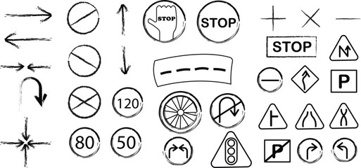 Hand-Drawn Road Signs: Traffic Symbols, Arrows, Stop Signs, Speed Limits - Black and White Sketch, Vector Illustration for Education
