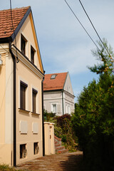Beautiful old houses with tiled roofs and garden greenery in a peaceful street of Zemun