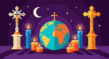 Religious scene with crosses, candles, earth, and crescent moon on purple background