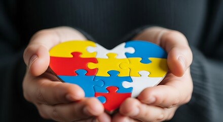 Hands Holding a Heart- Shaped Jigsaw Puzzle in Autism Colors Keywords: hands, holding, heart, puzzle, jigsaw, autism