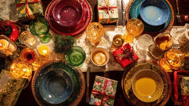 Festive holiday table setting with colorful dinnerware and wrapped gifts