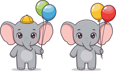 Cartoon gray elephants holding colorful balloons in a cheerful pose, perfect for kids' party or educational design