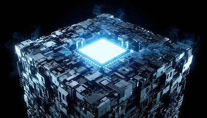Abstract blue background with 3d cubes and a futuristic circuit board design for digital data and technology business connections