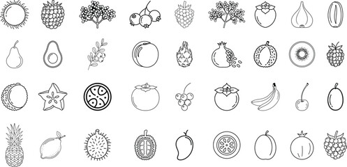 A set of line drawing illustrations of various fruits, including pomegranate, pineapple, grapes, star fruit, lemon, orange, banana, avocado, pear, and others.