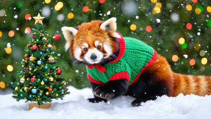 Charming Red Panda in a Knitted Green Sweater Posing Beside a Decorated Fir Tree in a Snowy Landscape with Bokeh Lights, Radiating Holiday Cheer and Warmth