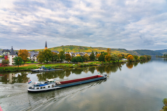 Skyline view of Trittenheim village near moselle river in Germany. Europ