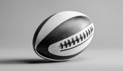 Close-up of a modern black and white rugby ball on a plain