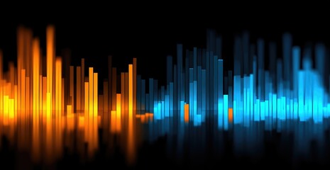 A graphic representation of data, featuring vertical columns of orange and blue light, creating a dynamic visual effect against a dark background.