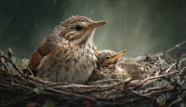 Close-up of a mother bird and chick in nest during rain with lush