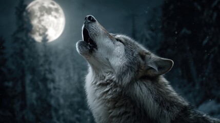 A wolf howls passionately at the full moon amidst a dark tranquil forest creating a haunting atmosphere.
