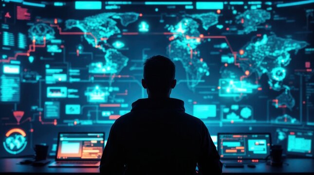 Silhouette of a person in a dark control room analyzing global data on a futuristic screen. Cybersecurity and network surveillance concept