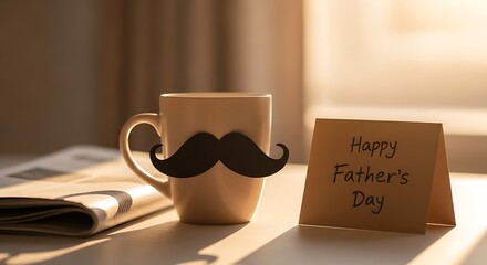 Father's Day mug with mustache and card on a table with newspaper image photo