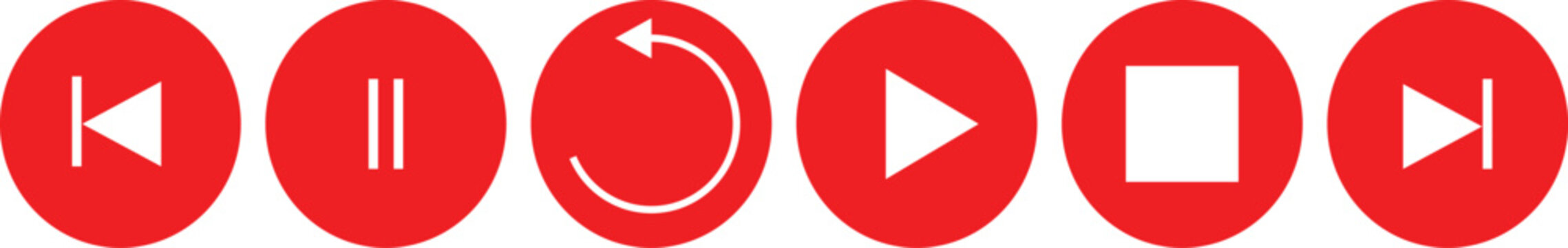 vector set of Red media control icons with play, pause, stop, and repeat buttons for music and video player interface design