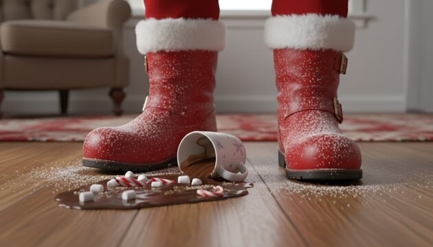 Close-up of Santa Claus's boots next to spilled hot chocolate. A clumsy holiday accident with cocoa, marshmallows, and candy canes on a wooden floor. Funny Christmas concept