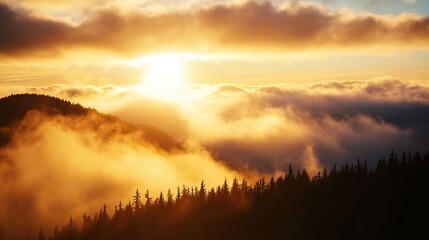 ridge. Golden sunrise light breaking through clouds over a peaceful mountain valley at dawn. travel magazines, destination branding, designed for outdoor magazines and nature guides.