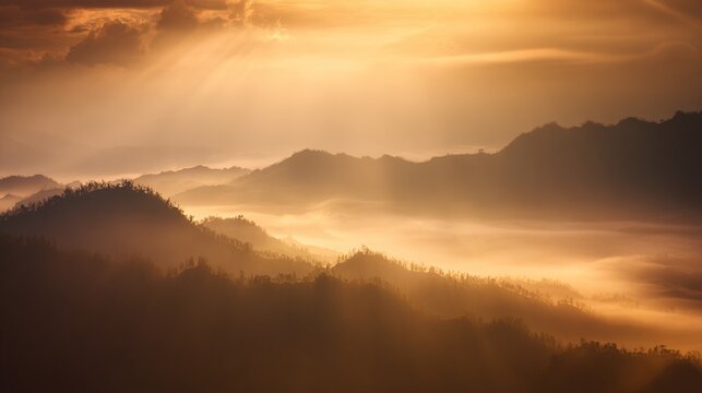 ridge. Golden sunrise light breaking through clouds over a peaceful mountain valley at dawn. travel magazines, destination branding, designed for outdoor magazines and nature guides.
