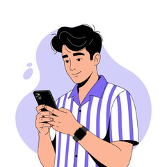 A young man smiling while using a smartphone, wearing a striped shirt and smartwatch, modern flat illustration in minimalist style with soft pastel background. Perfect for tech or lifestyle themes.