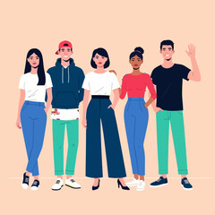 Fototapeta premium Group of diverse young adults standing together smiling in casual outfits, flat vector illustration representing friendship, teamwork, and unity for modern social or corporate design concepts.