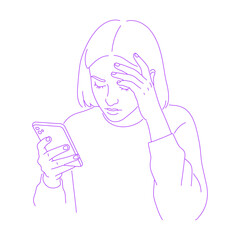 Line art illustration of person looking at phone in despair