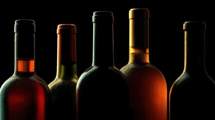 cellar. Artistic arrangement of wine bottles with dramatic backlighting, creating a moody atmosphere. bar promotions, beverage menus, designed for food & beverage menus and cafe branding.