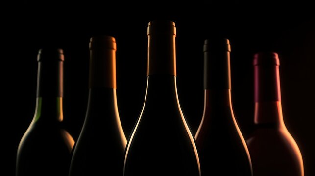 cellar. Artistic arrangement of wine bottles with dramatic backlighting, creating a moody atmosphere. bar promotions, beverage menus, designed for food & beverage menus and cafe branding.