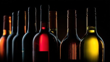 cellar. Artistic arrangement of wine bottles with dramatic backlighting, creating a moody atmosphere. bar promotions, beverage menus, designed for food & beverage menus and cafe branding.