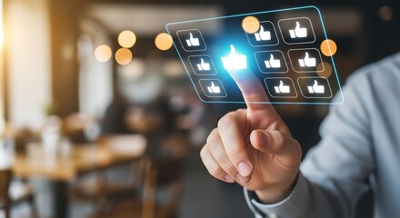 Customer pressing like button on virtual screen, social media concept