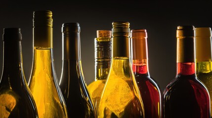 cellar. Artistic arrangement of wine bottles with dramatic backlighting, creating a moody atmosphere. bar promotions, beverage menus, designed for food & beverage menus and cafe branding.