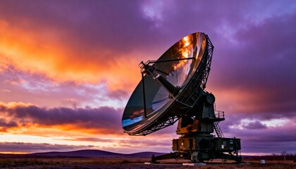 Modern military radar with large rotating antenna in dramatic sunset landscape.
