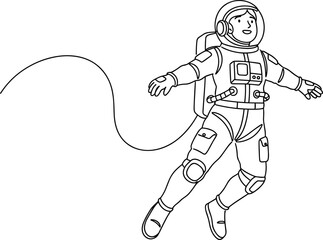 Cute young astronaut floating in outer space wearing spacesuit and helmet isolated on white background vector illustration